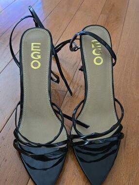 EGO Black Patent Strappy Pointed Heels with Ankle Wrap